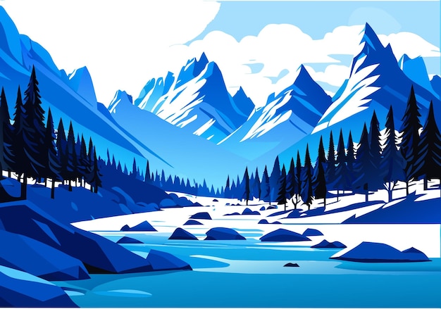 Vecteur neige montagne rivière forêt ciel bleu fond d'écran illustration fond