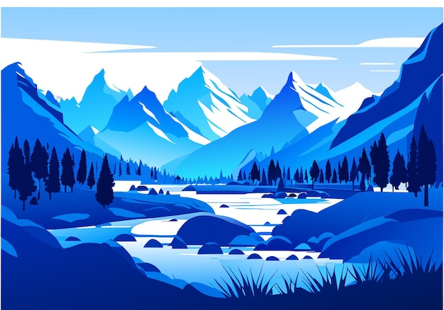 Neige Montagne Rivière Forêt Ciel Bleu Fond D'écran Illustration Fond
