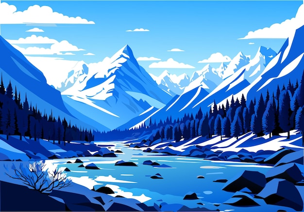 Vecteur neige montagne rivière forêt ciel bleu fond d'écran illustration fond