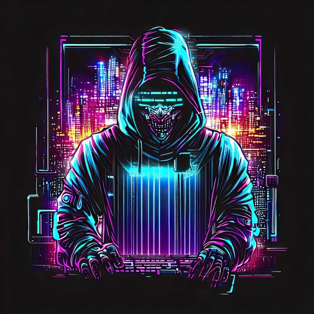 Vecteur neon hacktivist cyberpunk tshirt design avec un paysage urbain futuriste