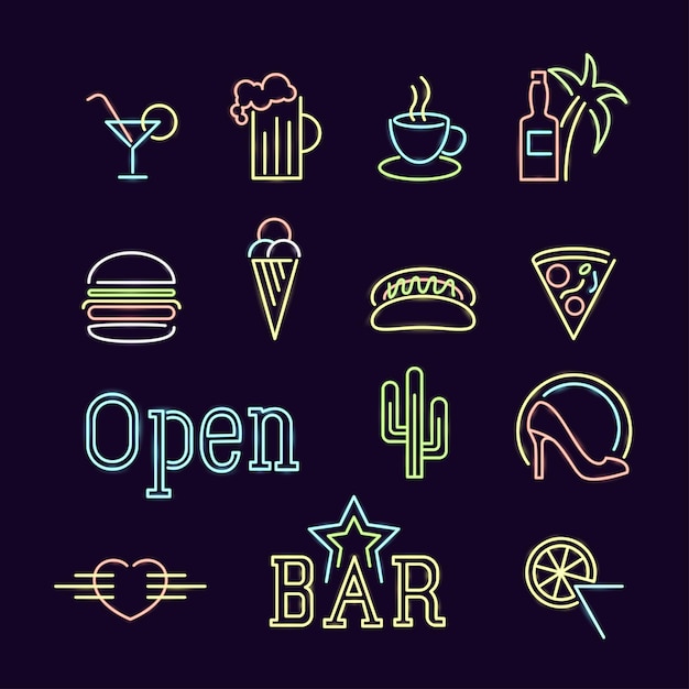 Neon Lights Signs Line Icon Set Vector