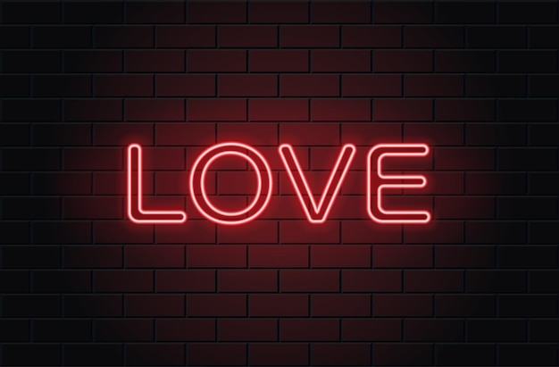 Neon Love pour la Saint Valentin sur fond de brickwall noir. Logo néon