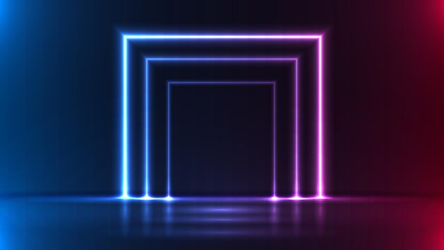 Neon show light podium fond bleu et rose couleur ultraviolette qui brille dans l'obscurité les lignes laser montrent la conception vectorielle