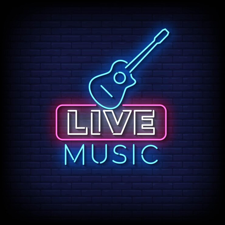 Vecteur neon sign musique live avec vecteur de fond de mur de briques