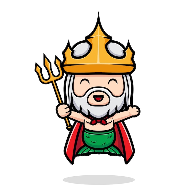 Neptune mignon flottant avec une arme trident, mascotte du roi des océans