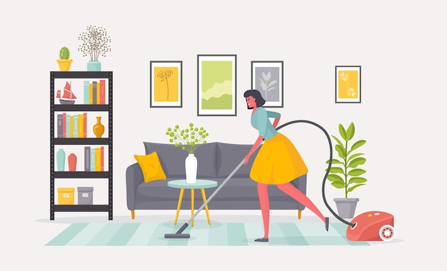 Nettoyage de la moquette de la femme ou de la femme de chambre dans le salon