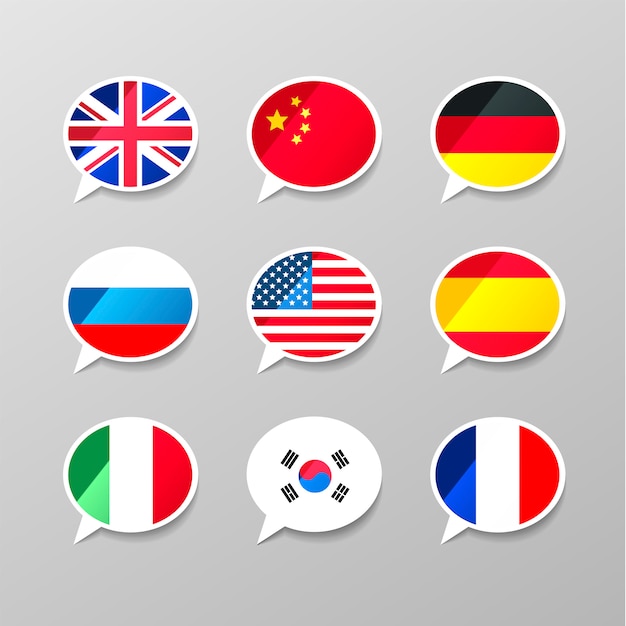 Neuf bulles colorées avec des drapeaux, concept de langue différente