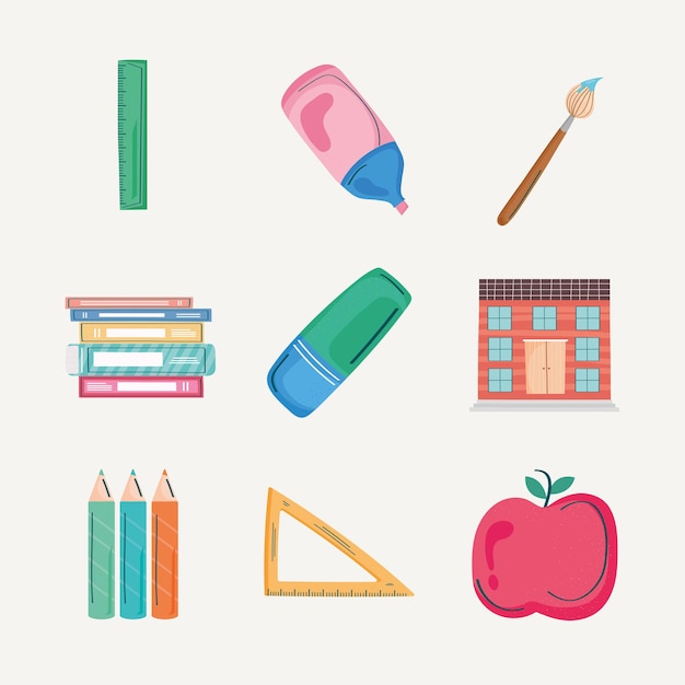 Neuf icônes de fournitures scolaires
