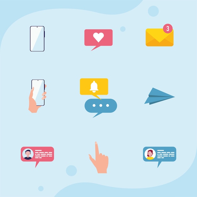 Vecteur neuf icônes de jeu de communication de messagerie