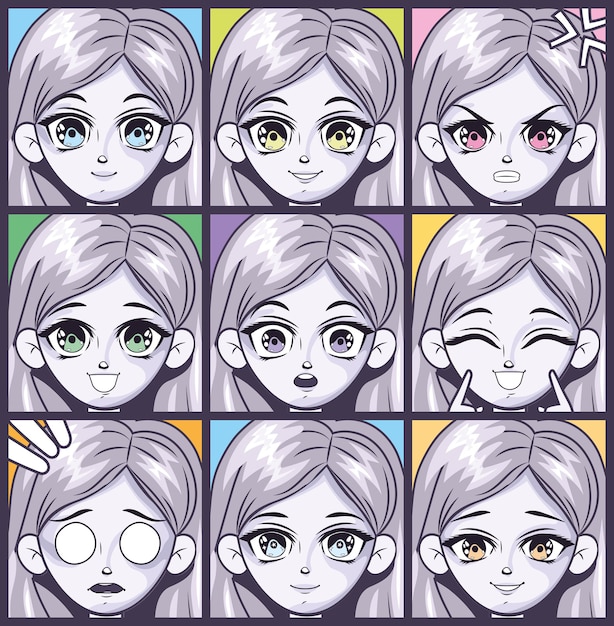 Neuf visages de réactions d'anime