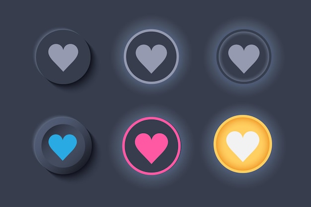 Neumorph UI comme des boutons sombres. Boutons avec coeur pour Favoris et J'aime.