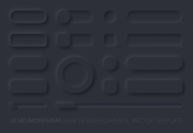 Neumorphic Ui Design Elements Set Dark Version. Composants De L'interface Utilisateur Et Boutons De Formes, Barres, Commutateurs, Curseurs Dans Un Style Néomorphique à La Mode élégant Et Simple Pour Les Applications, Les Sites Web, Les Interfaces