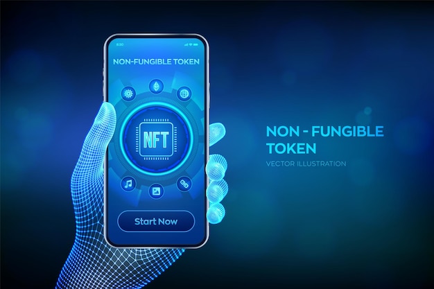 NFT Nonfungible jeton numérique crypto art blockchain technologie concept Investissement dans le smartphone cryptographique Gros plan dans la main filaire Illustration vectorielle