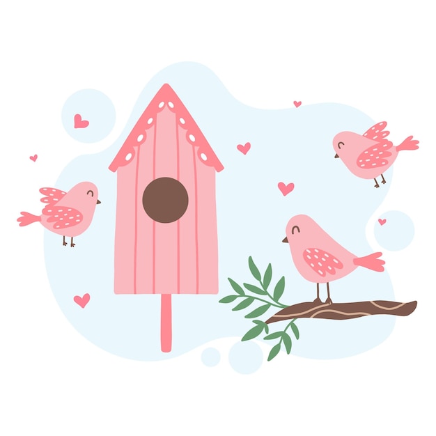 Nichoir rose mignon avec des oiseaux roses Illustration de printemps d'oiseaux avec un nichoir Illustration vectorielle en style cartoon Le retour des oiseaux Illustration vectorielle