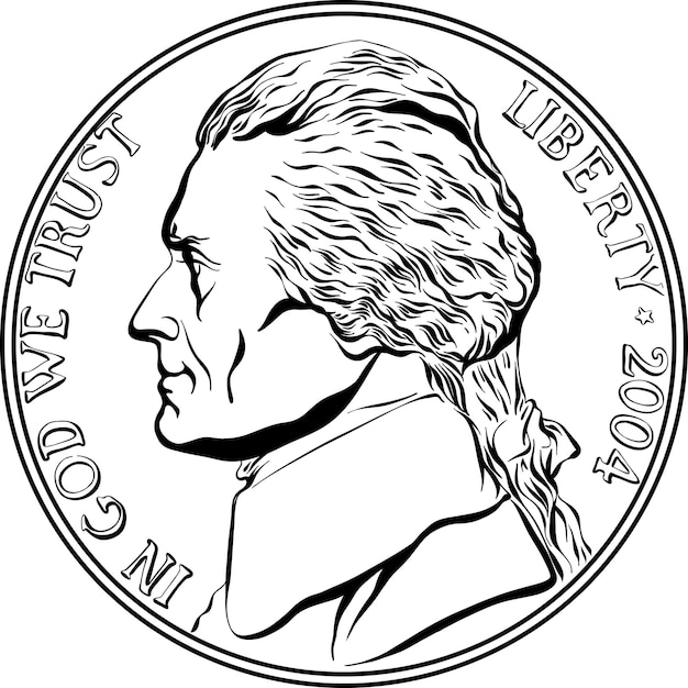 Nickel De Jefferson, Argent Américain, Pièce De Cinq Cents Des états-unis Avec Jefferson, Troisième Président Des états-unis à L'avers. Image En Noir Et Blanc