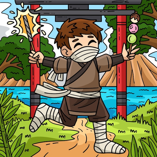 Vecteur ninja avec des étincelles et un dessin animé coloré dango