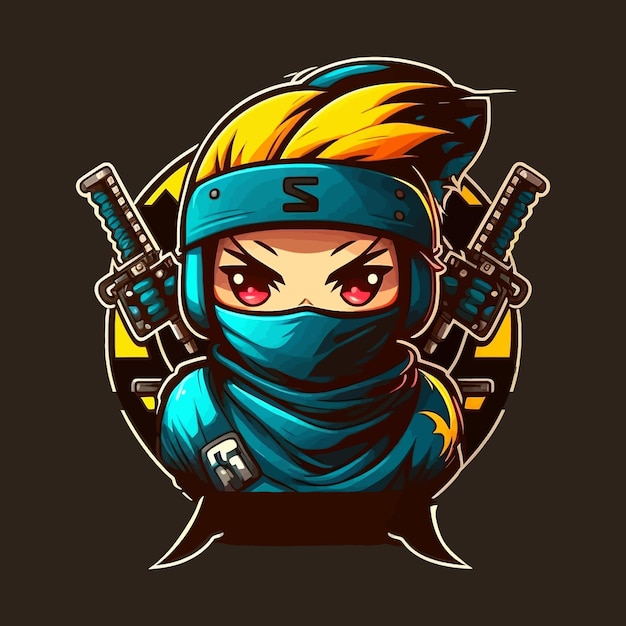 Ninja mignon avec deux épées, conception de mascotte esports, modèle de logo de jeu, illustration