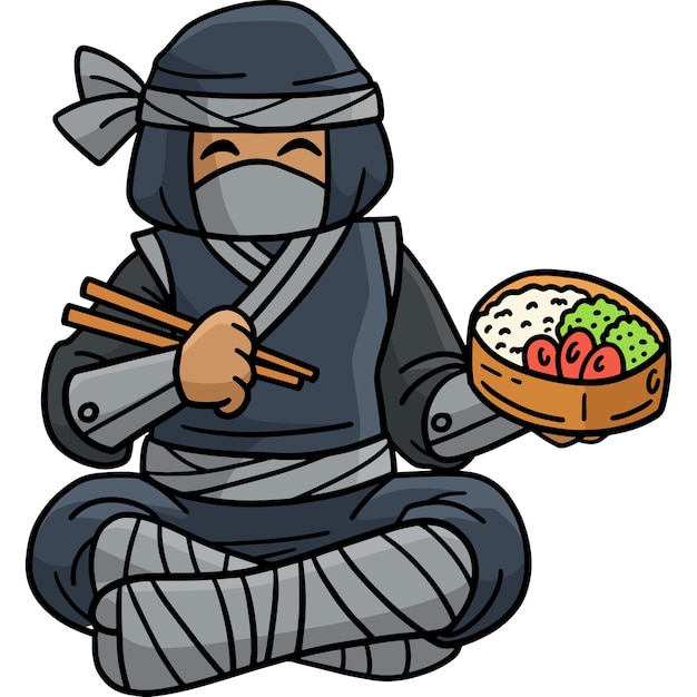 Vecteur un ninja qui mange du bento, un clip coloré de dessin animé
