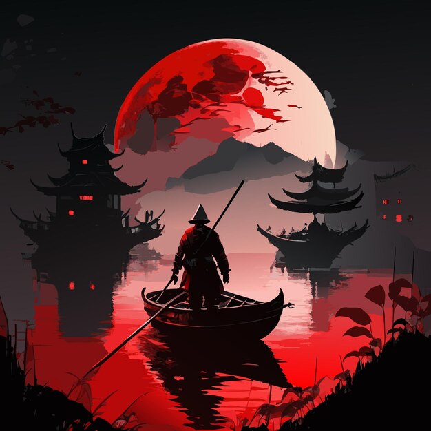 Vecteur un ninja se tient dans un bateau illustration d'art culturel chinois