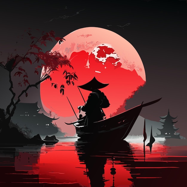Un Ninja Se Tient Dans Un Bateau Illustration D'œuvre D'art Culturelle Chinoise