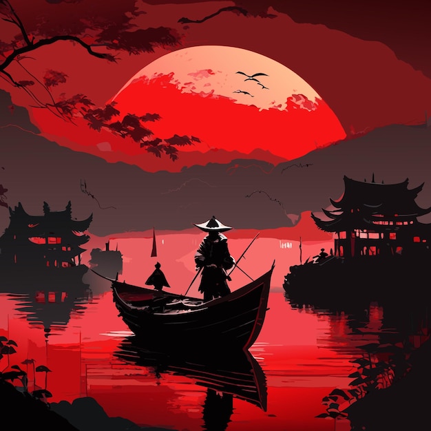 Vecteur un ninja se tient dans un bateau illustration d'œuvre d'art culturelle chinoise