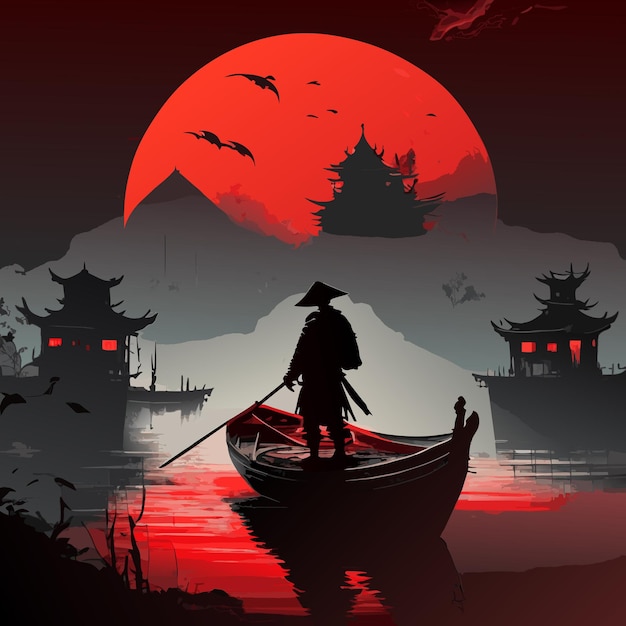 Un Ninja Se Tient Dans Un Bateau Illustration D'œuvre D'art Culturelle Chinoise