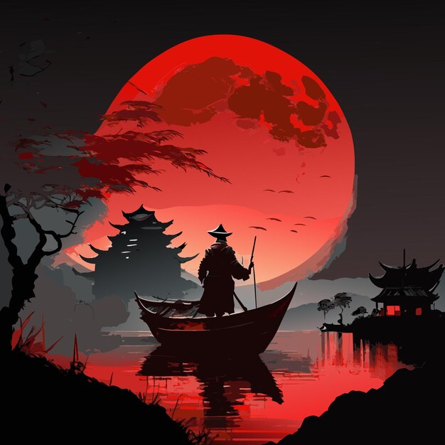Vecteur un ninja se tient dans un bateau illustration d'œuvre d'art culturelle chinoise