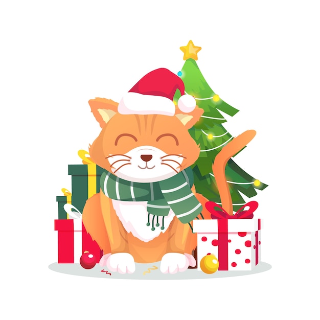 Noël Chat Mignon Avec Illustration Vectorielle De Cadeaux