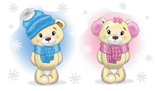 Noël Cute Cartoon Teddy Boy and Girl Bears en écharpes tricotées chapeau et écouteurs