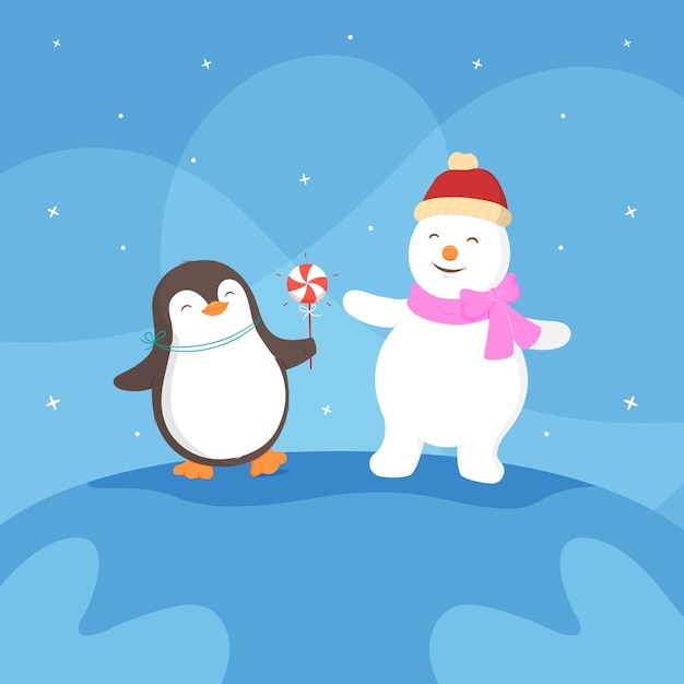 Noël Avec Un Doux Pingouin Et Un Bonhomme De Neige