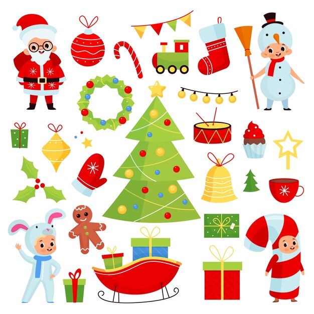 Noël enfants mignon nouvel an personnages éléments de décoration traditionnels enfants fête de vacances Santa bonhomme de neige et lapin arbre de Noël avec boules de verre cadeaux et décor vecteur dessin animé isolé ensemble plat