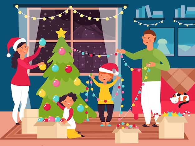 Noël en famille à la maison Enfant drôle décorer l'arbre de Noël nouvel an fête festive Parents et enfants dans la chambre vacances d'hiver scène vectorielle décente