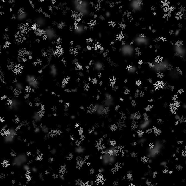 Noël, flocons de neige du nouvel an étoiles sur fond noir. Modèle de neige qui tombe.