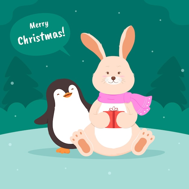 Vecteur noël avec un lapin et un pingouin mignons