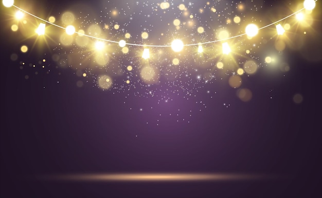 Noël lumineux, belles lumières, éléments de conception. Lumières incandescentes pour la conception de cartes de voeux de Noël. Guirlandes, décorations de Noël légères.