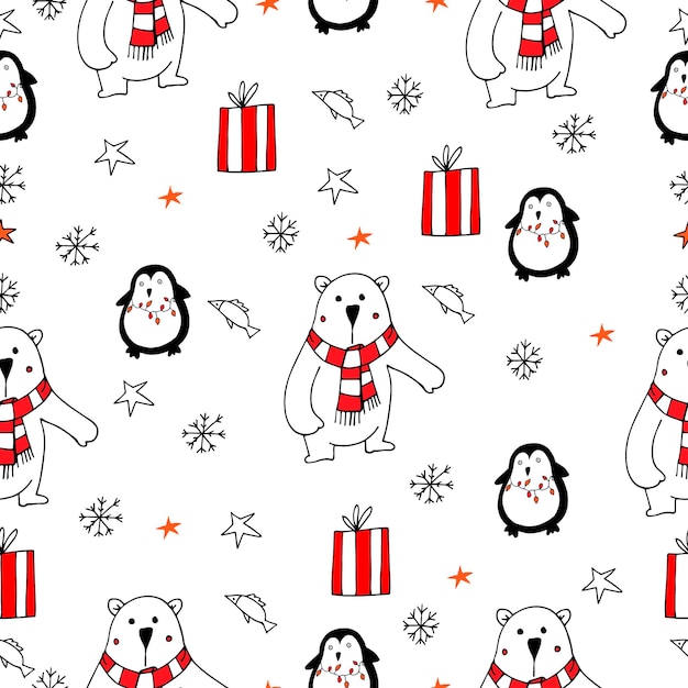 Vecteur noël mignon ours polaires pingouins vector illustration modèle sans couture sur fond blanc