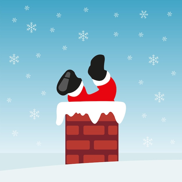 Noël. Père Noël dans la cheminée. Neige de l'hiver. Graphiques vectoriels dans un style plat de dessin animé