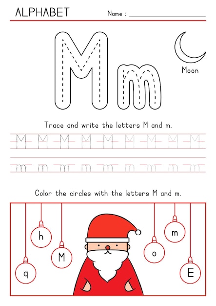 Noël Père Noël traçage écriture et coloriage Alphabet M