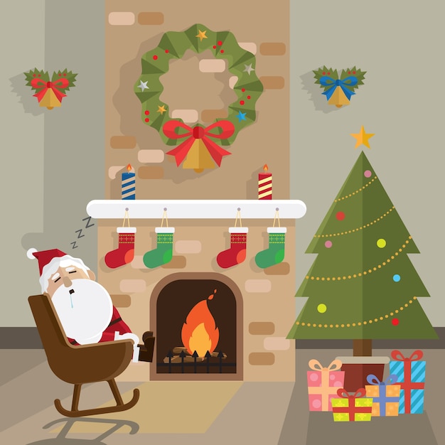 Noël santa claus se détendre cheminée vecteur de salle