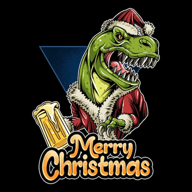 Noël Trex Santa Claus Dinosaure Apportant Un Verre De Bière Et Faire La Fête