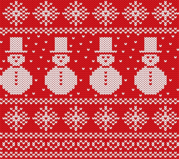 Vecteur noël en tricot avec bonhommes de neige et flocons de neige. modèle sans couture tricoté géométrique.