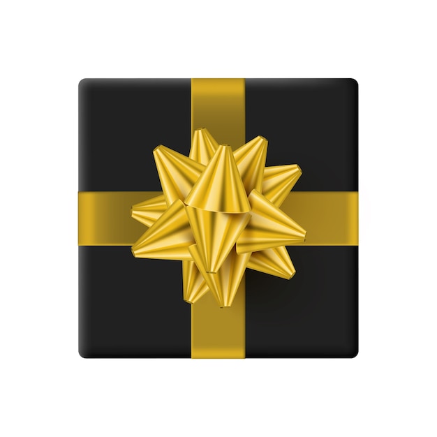 Un nœud doré vectoriel sur une boîte cadeau noire sur fond blanc