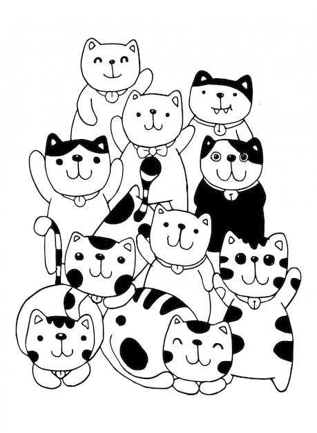 Noir Et Blanc Dessiner à La Main Des Personnages De Chat Mis En Style Doodles Illustration Coloration Pour Les Enfants