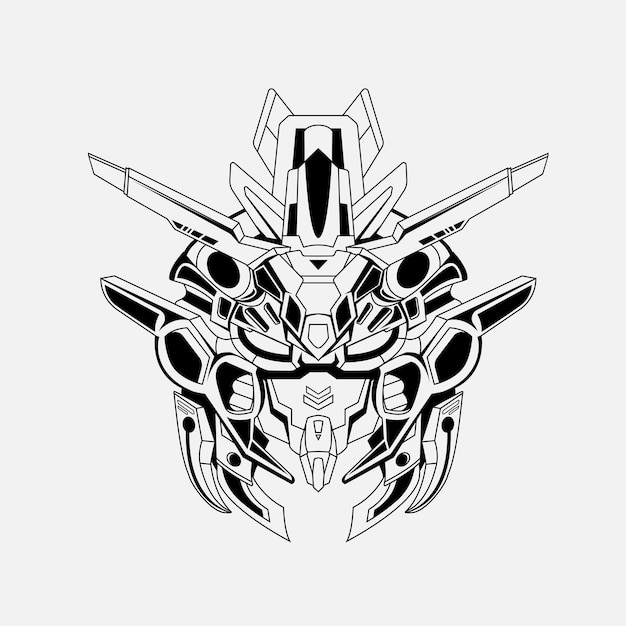 Noir Et Blanc Dessinés à La Main Illustration Mecha Gundam Tatouages De Tête Personnalisés