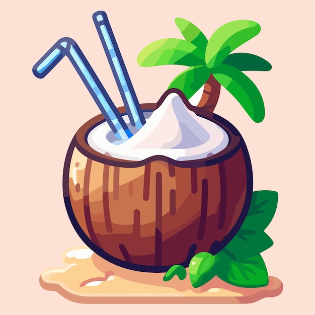 Vecteur noix de coco avec deux pailles et un parapluie sur un vecteur de plage