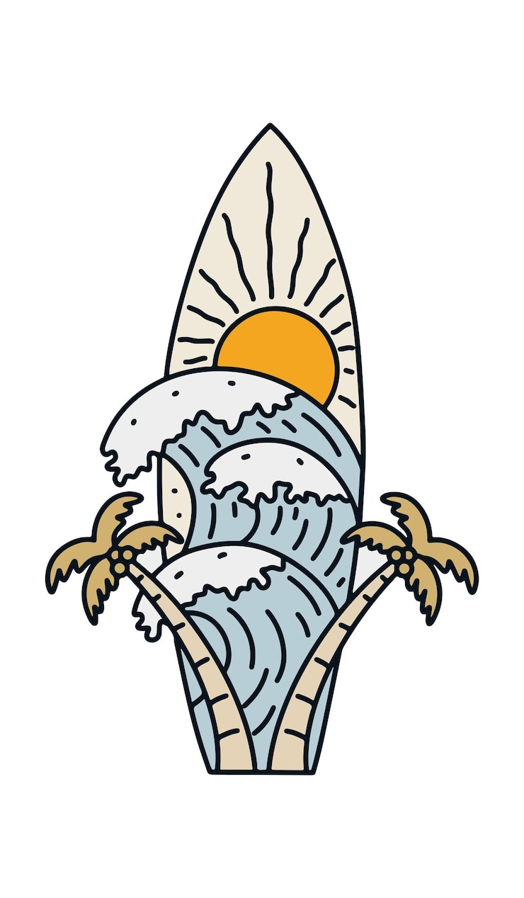 Vecteur la noix de coco et les vagues vibrent en forme de planche de surf mono ligne d'art vectoriel design pour illustration vectorielle de patch de badge de t-shirt