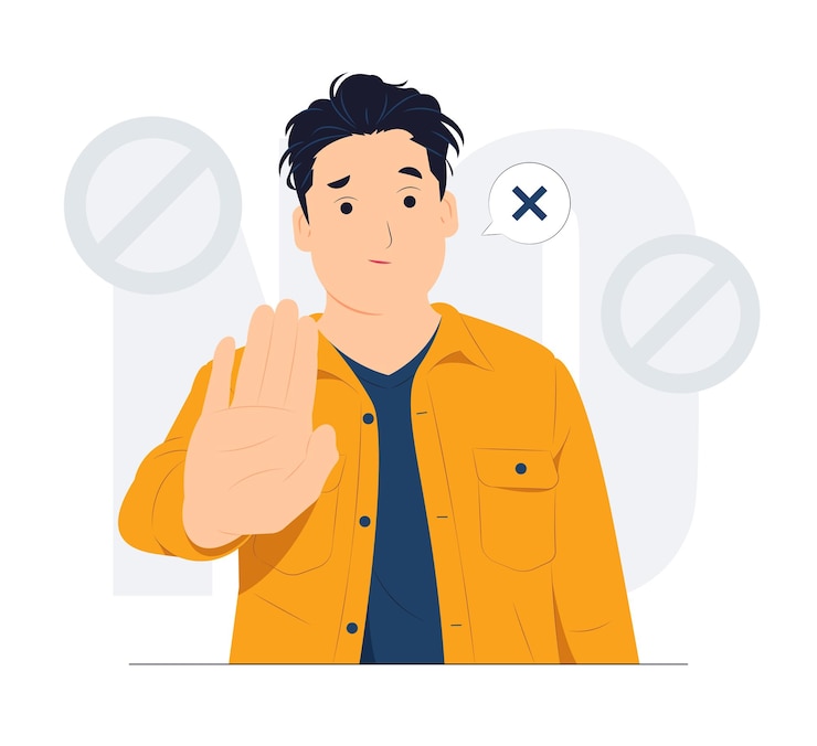 Vecteur non et fait un geste d'arrêt interdit quelque chose et exprime un désaccord langage corporel non signifie pas d'illustration de concept
