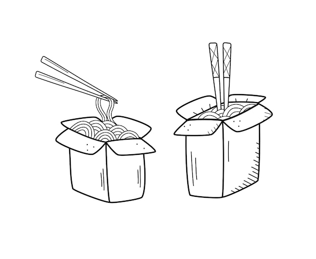 Vecteur noodles avec des baguettes dans une boîte icône de griffon illustration vectorielle de la nourriture chinoise udon