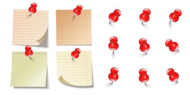 Vecteur des notes collantes vides réalistes isolées sur un fond blanc, des feuilles de papier de note brunes avec une poussée rouge