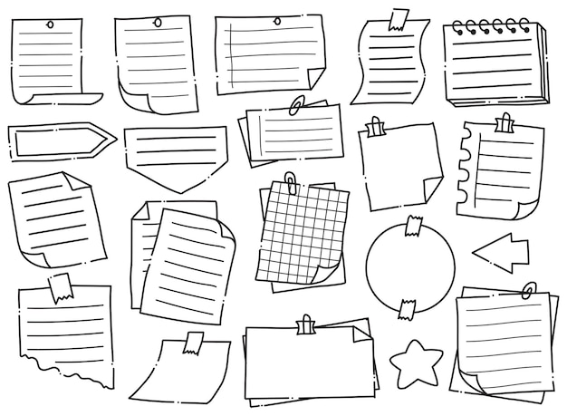 Des notes dessinées à la main et des doodles de notes collantes Set vectoriel de notes de papier blanc et de dessins de mémoires